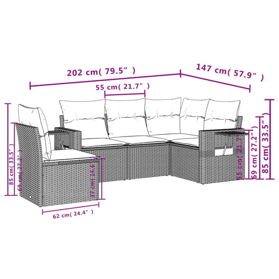 Ensemble de canapé de jardin 5 pcs avec coussins marron résine tressée - 8