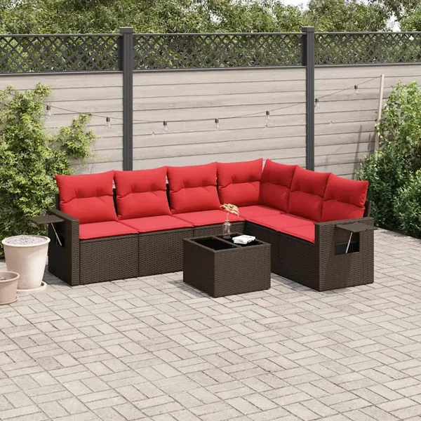 Ensemble de canapé de jardin 7 pcs avec coussins marron résine tressée