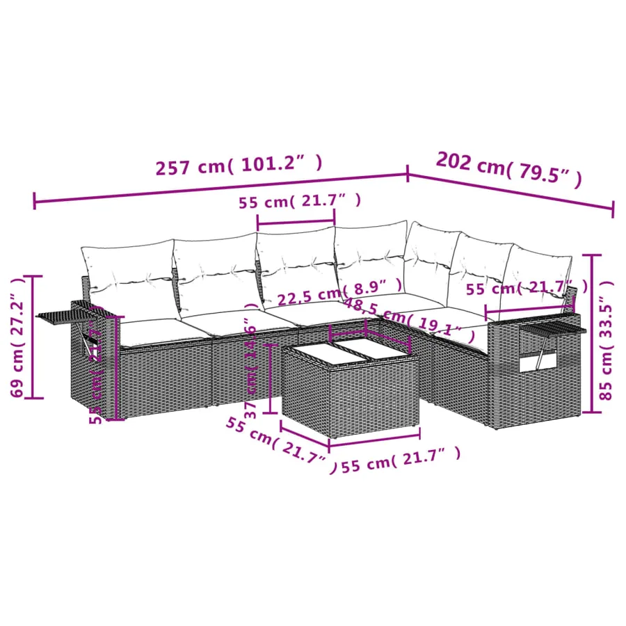 Ensemble de canapé de jardin 7 pcs avec coussins marron résine tressée - 9