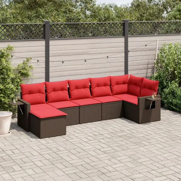 Ensemble de canapé de jardin 7 pcs avec coussins marron résine tressée