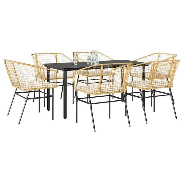 Ensemble à manger jardin coussins 7pcs marron poly rotin verre