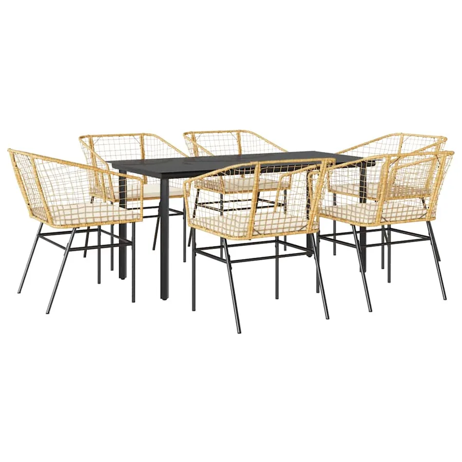 Ensemble à manger jardin coussins 7pcs marron poly rotin verre - 2