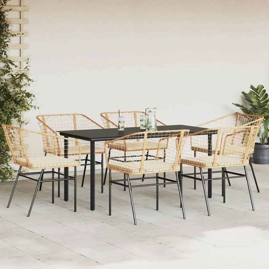 Ensemble à manger jardin coussins 7pcs marron poly rotin verre - 3