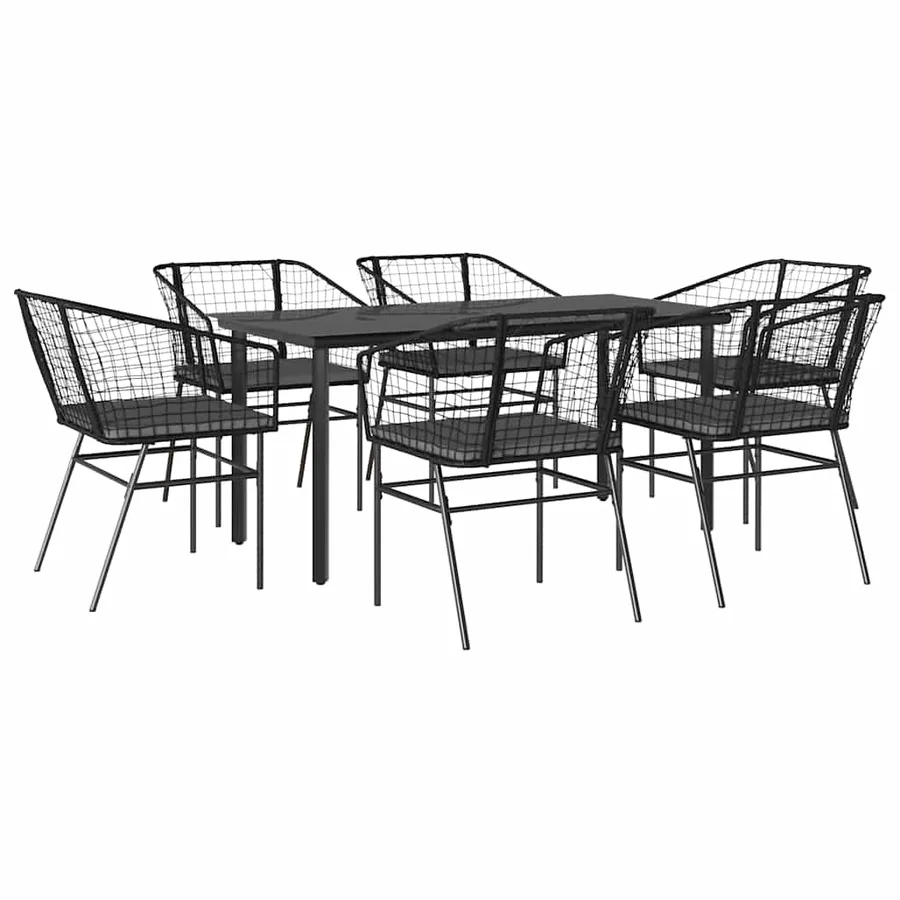 Ensemble à manger de jardin coussins 7pcs noir poly rotin verre - 2