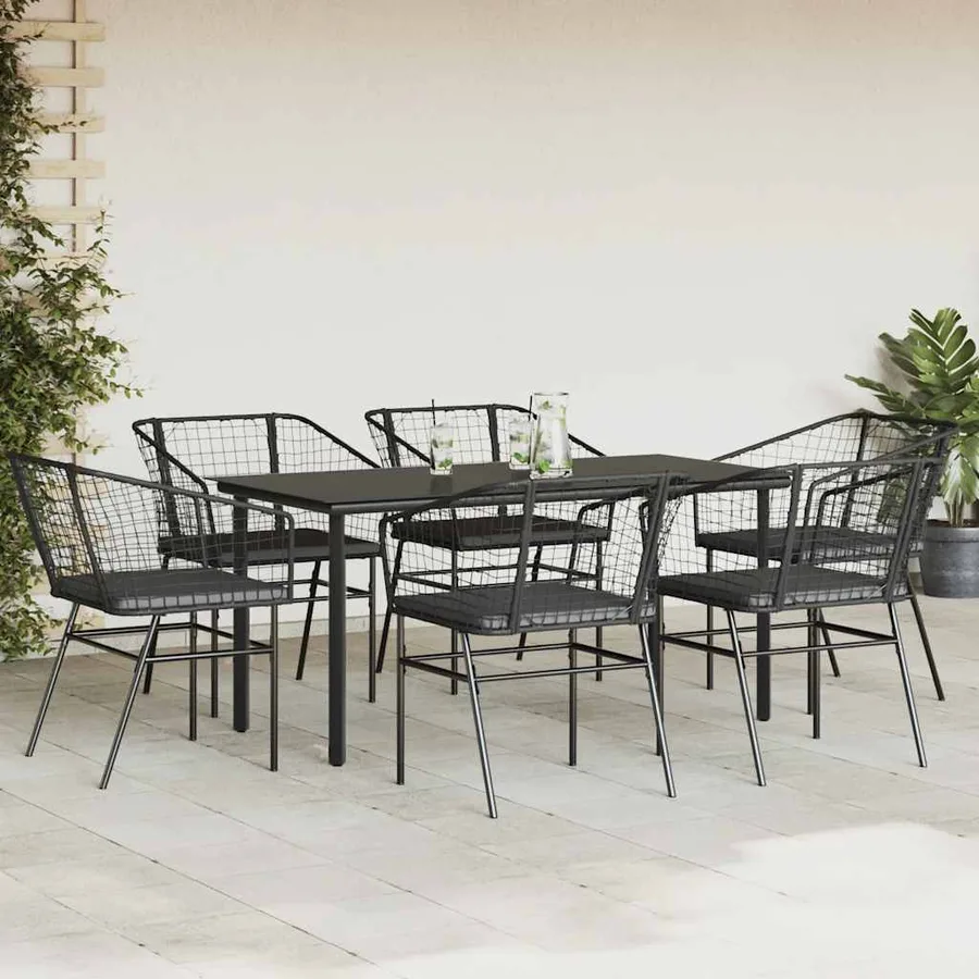 Ensemble à manger de jardin coussins 7pcs noir poly rotin verre - 3
