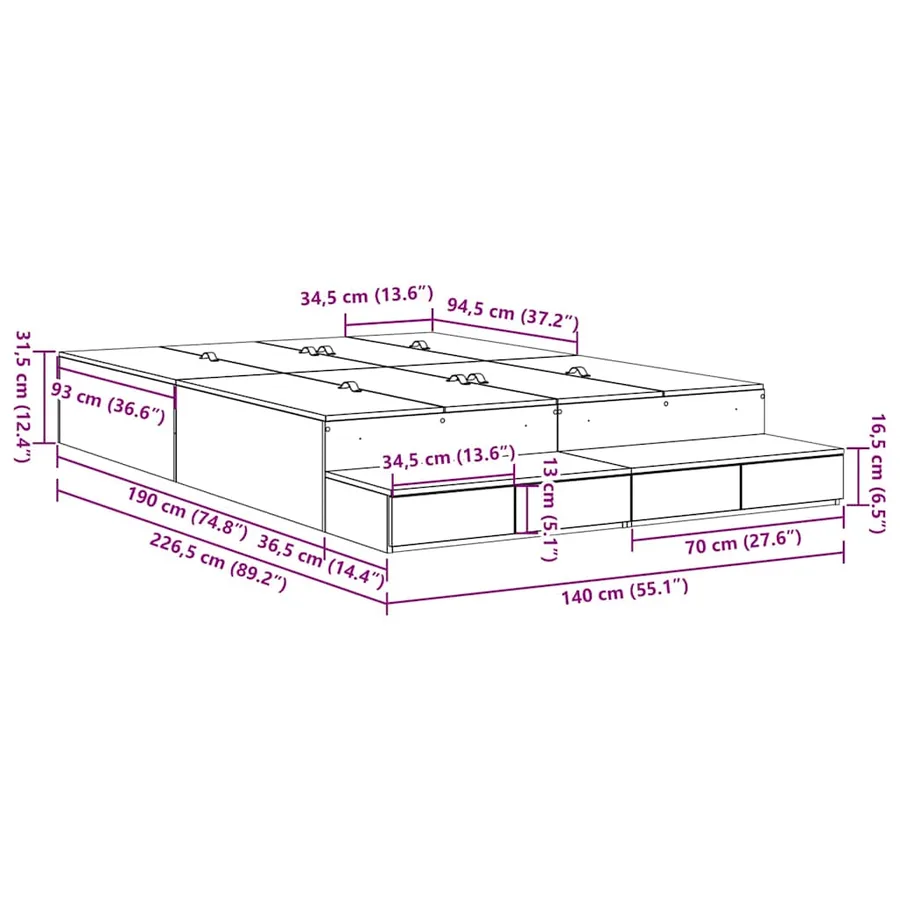 Cadre de lit avec rangement avec tiroir Gris Sonoma 140 cm - 15