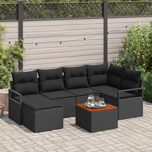 Ensemble de canapé de jardin avec coussin 7 pcs Noir polyrotin