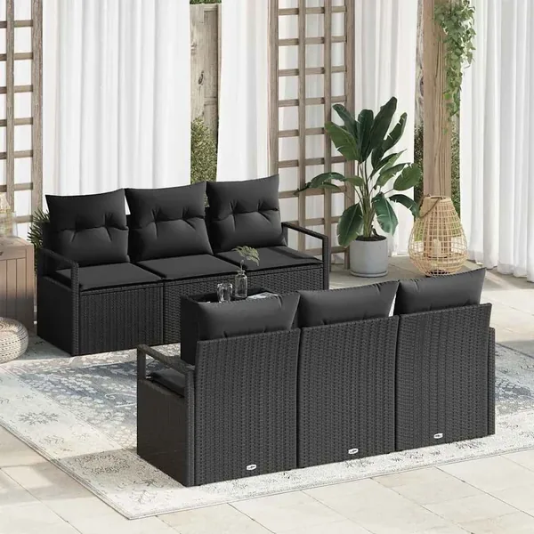 Ensemble de Canapés avec coussin 7 pcs Noir polyrotin