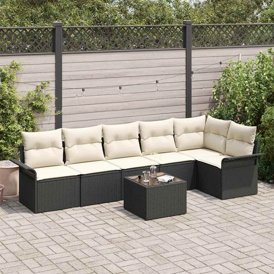 Ensemble de canapé de jardin avec coussin 7 pcs Noir Poly rotin