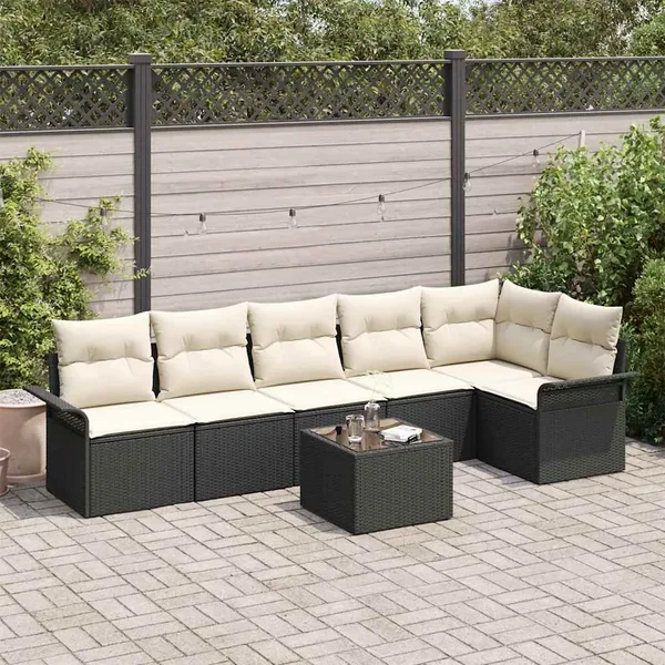Ensemble de canapé de jardin avec coussin 7 pcs Noir Poly rotin