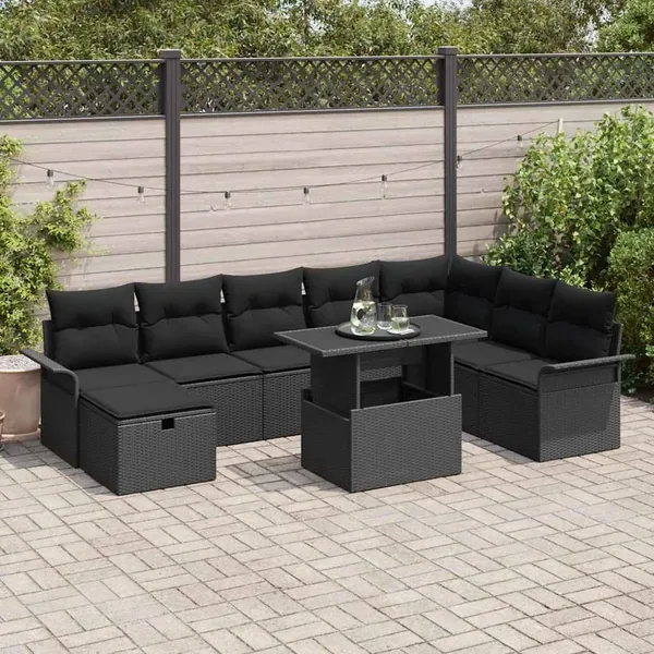 Ensemble de canapé de jardin avec coussin 9 pcs Noir Poly rotin