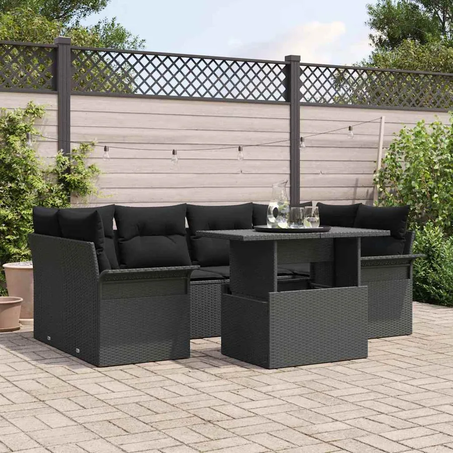 Ensemble de canapé de jardin 7 pcs Noir Poly Rattan