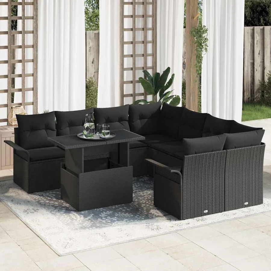 Ensemble de canapé de jardin 9 pcs Noir Poly Rattan