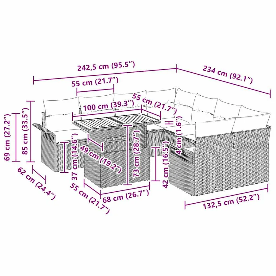Ensemble de canapé de jardin 9 pcs Noir Poly rotin - 15