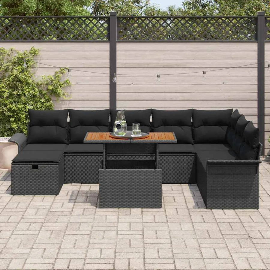 Ensemble de canapé de jardin avec coussin 9 pcs Noir polyrotin - 3