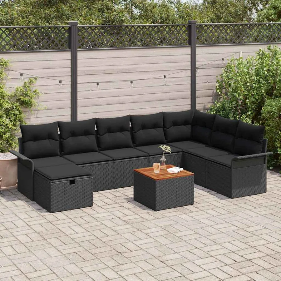 Ensemble de canapé de jardin avec coussin 9 pcs Noir polyrotin