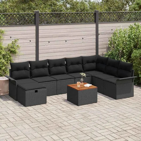 Ensemble de canapé de jardin avec coussin 9 pcs Noir polyrotin