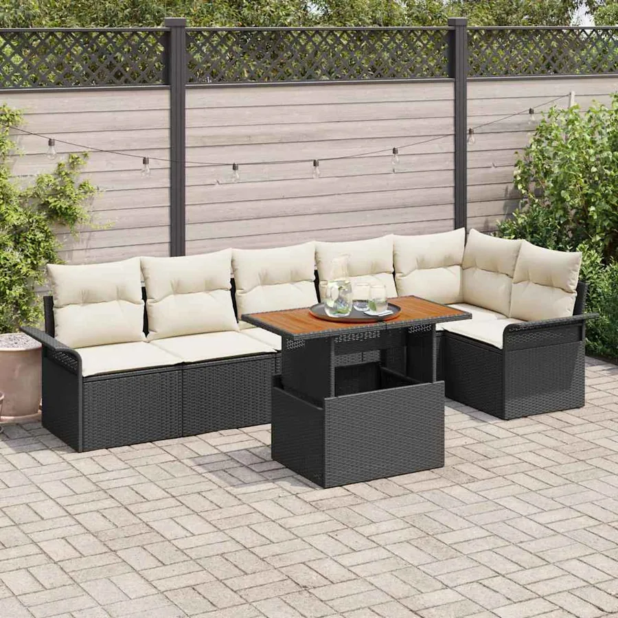 Ensemble de canapé de jardin 7 pcs Noir Poly rotin