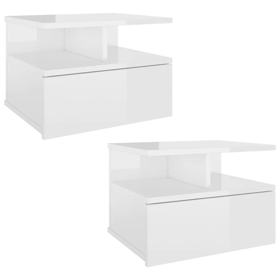 Tables de chevet flottantes 2pcs Blanc brillant Bois ingénierie - 2