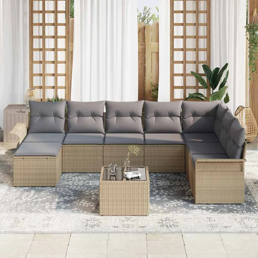 Ensemble de canapé de jardin avec coussin 9 pcs Beige polyrotin - 3