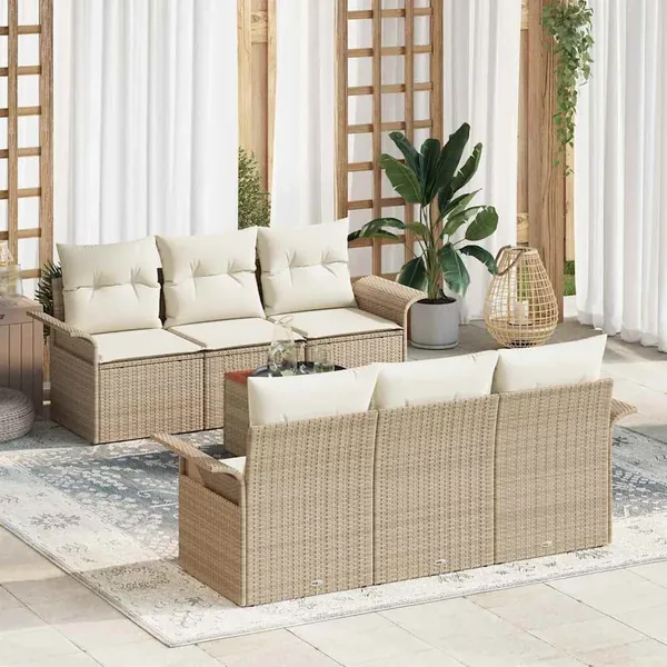 Ensemble de canapé de jardin 7 pcs Beige et crème polyrotin