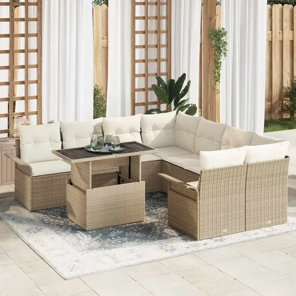 Ensemble de canapé de jardin 9 pcs Beige Poly Rattan
