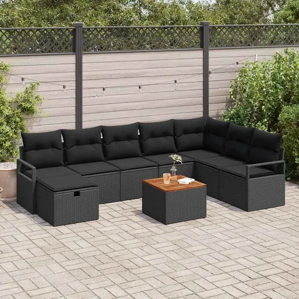 Ensemble de canapé de jardin avec coussin 9 pcs Noir Poly rotin