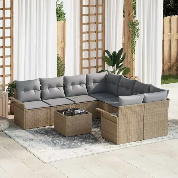 Ensemble de canapé de jardin 9 pcs Beige Poly rotin