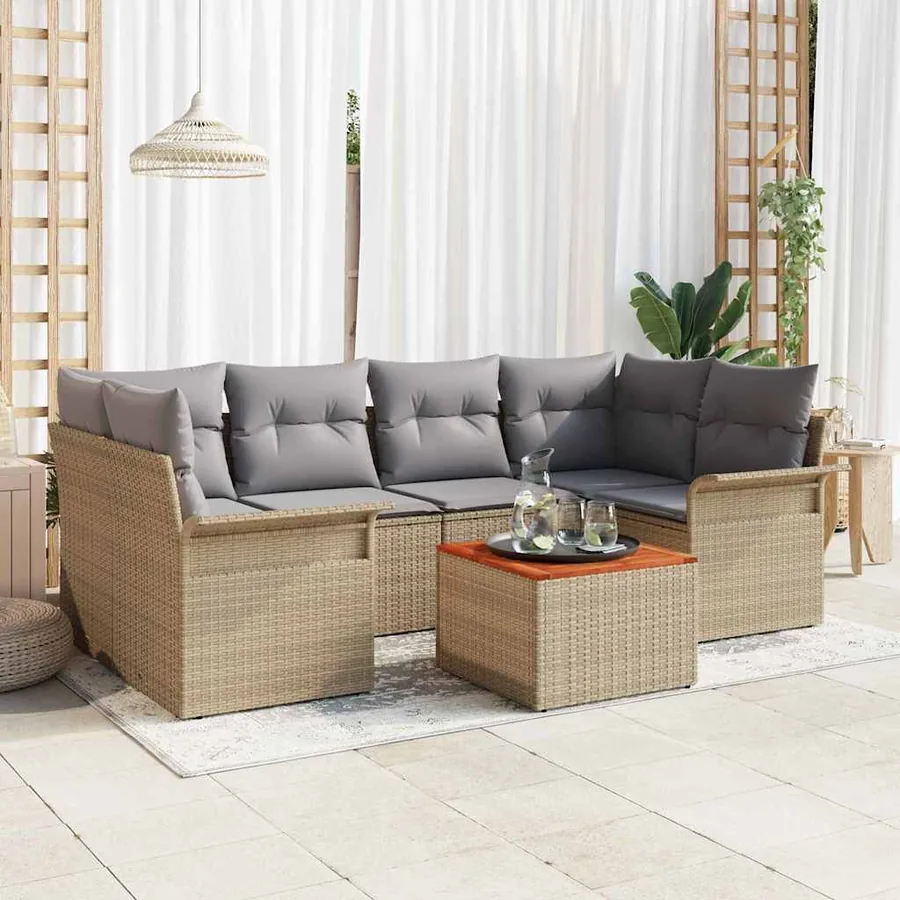 Ensemble de canapé de jardin avec coussin 7 pcs Beige polyrotin