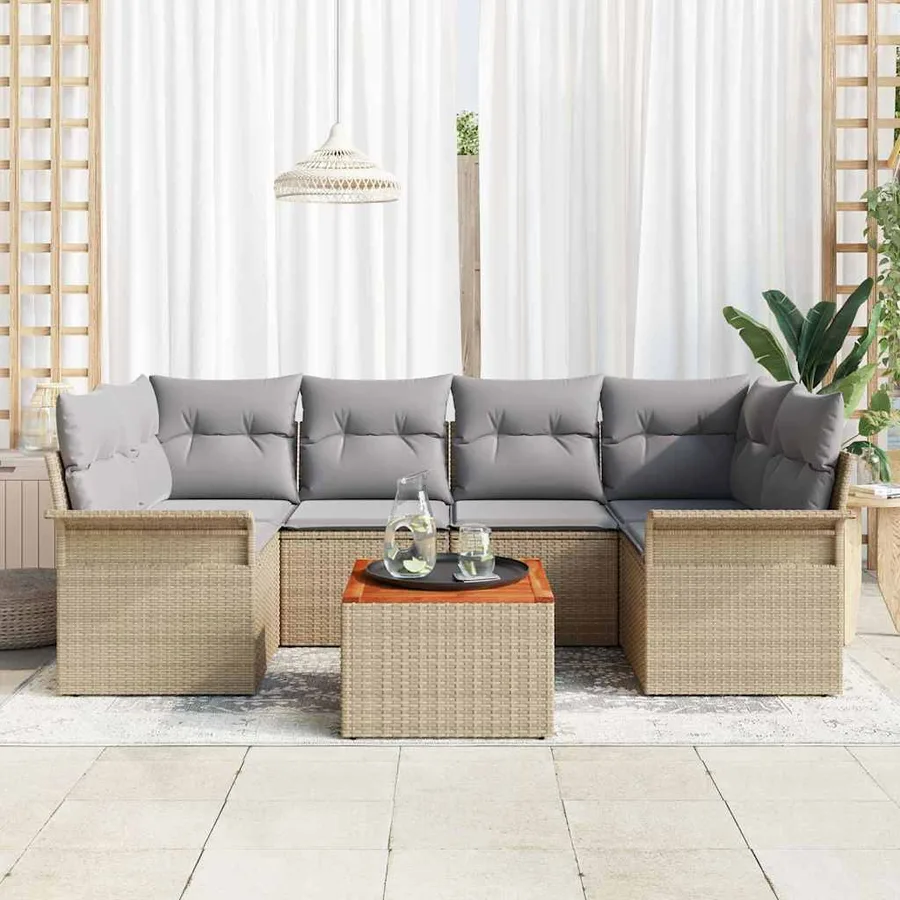 Ensemble de canapé de jardin avec coussin 7 pcs Beige polyrotin - 3