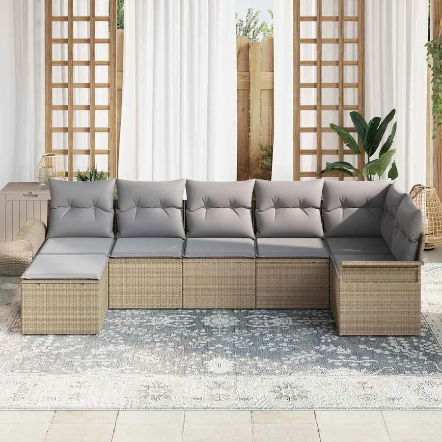 Ensemble de canapé de jardin avec coussin 7 pcs Beige polyrotin - 3