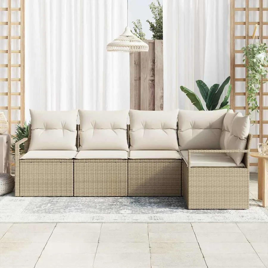 Ensemble de canapé de jardin 5 pcs Beige et blanc polyrotin - 3