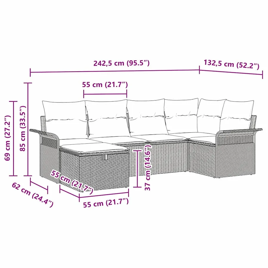 Ensemble de canapé de jardin avec coussin 6 pcs Poly rotin - 14