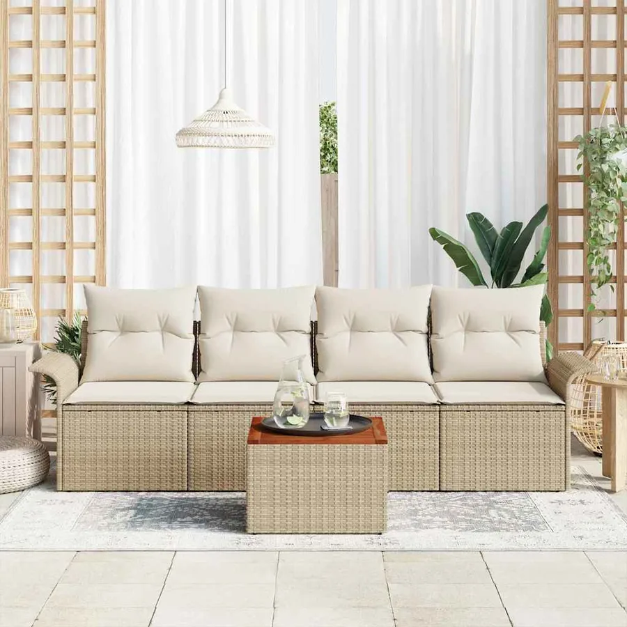 Ensemble de canapé de jardin 5 pcs Beige et crème polyrotin - 3