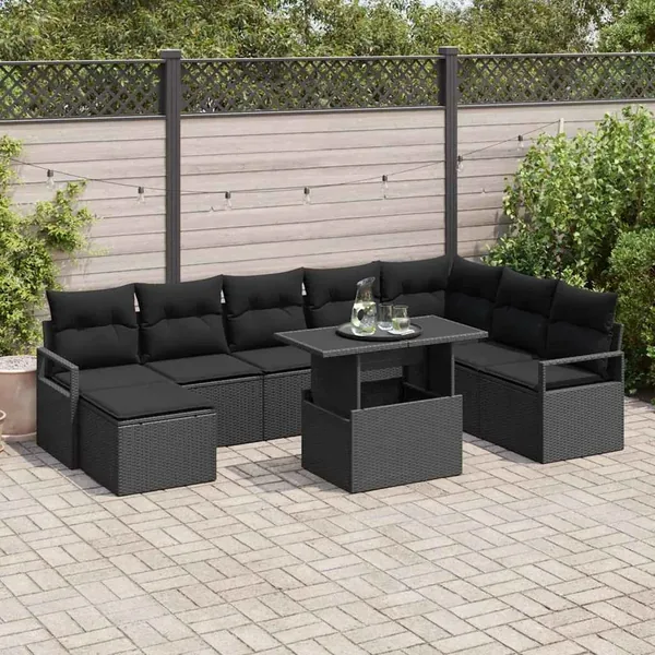 Ensemble de canapé de jardin 9 pcs Noir Poly rotin