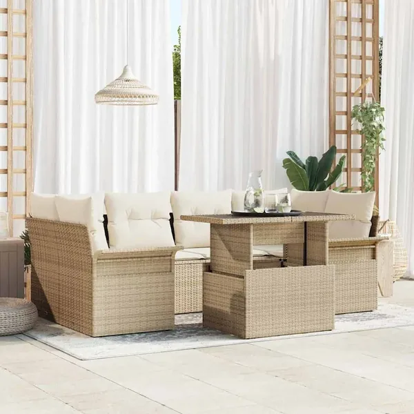 Ensemble de canapé de jardin 7 pcs Beige Poly Rattan
