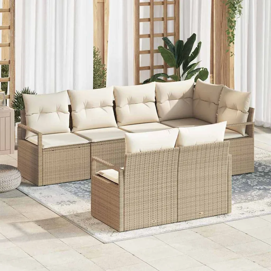 Ensemble de canapé de jardin 7 pcs Beige et blanc polyrotin