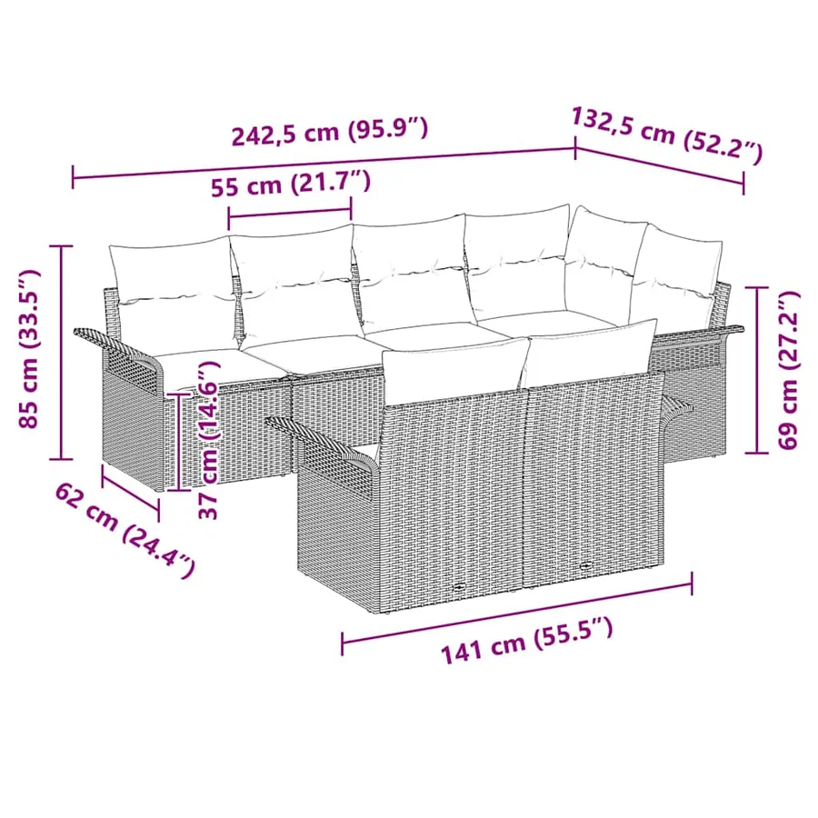 Ensemble de canapé de jardin avec coussin 7 pcs Gris Poly rotin - 15