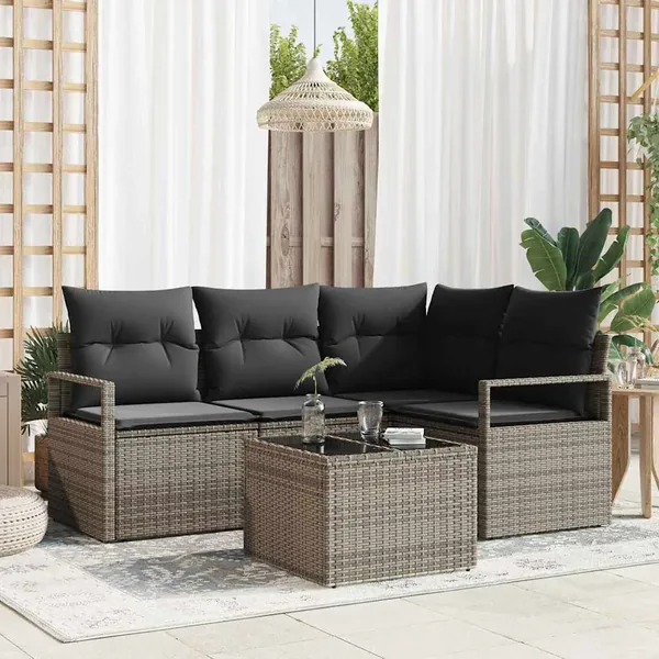 Ensemble de Canapés avec coussin 5 pcs Gris clair polyrotin