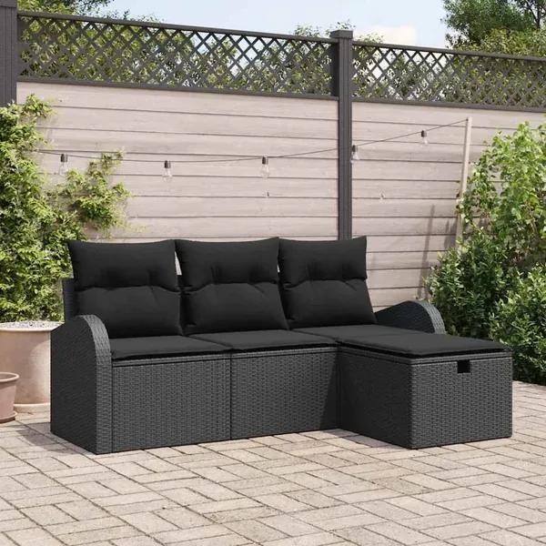Ensemble de Canapés avec coussin 4 pcs Noir polyrotin