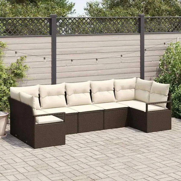 Ensemble de canapé de jardin 7 pcs Marron et blanc polyrotin