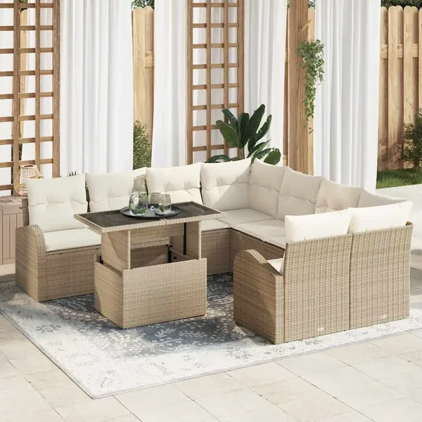 Ensemble de canapé de jardin 9 pcs Beige polyrotin