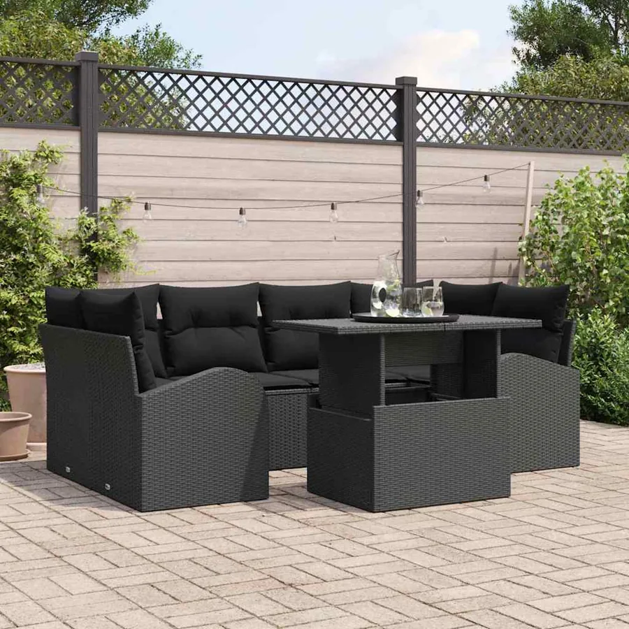 Ensemble de canapé de jardin avec coussin 7 pcs Noir Poly rotin