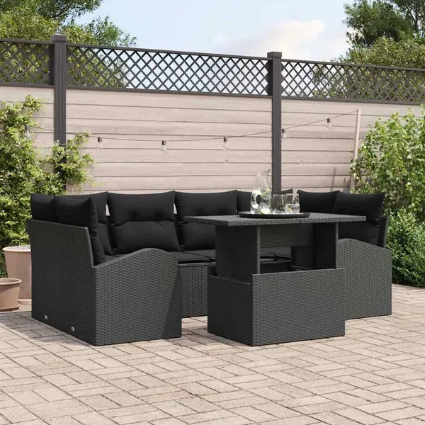 Ensemble de canapé de jardin avec coussin 7 pcs Noir Poly rotin