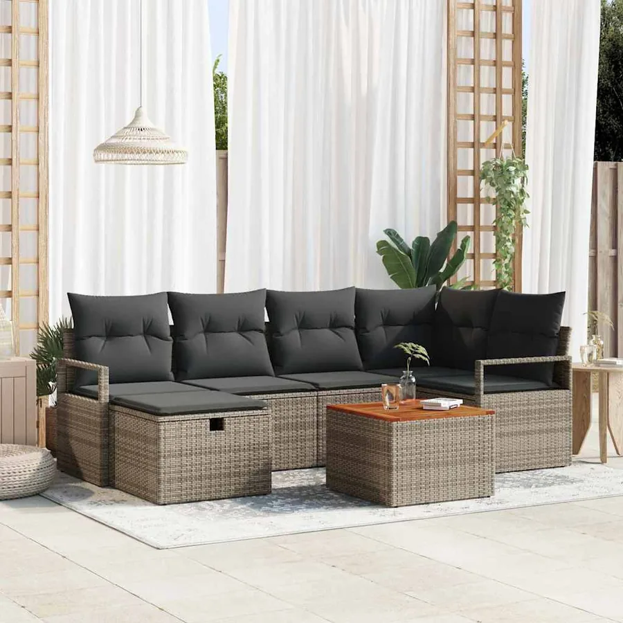 Ensemble de canapé de jardin avec coussin 7 pcs Gris Poly rotin