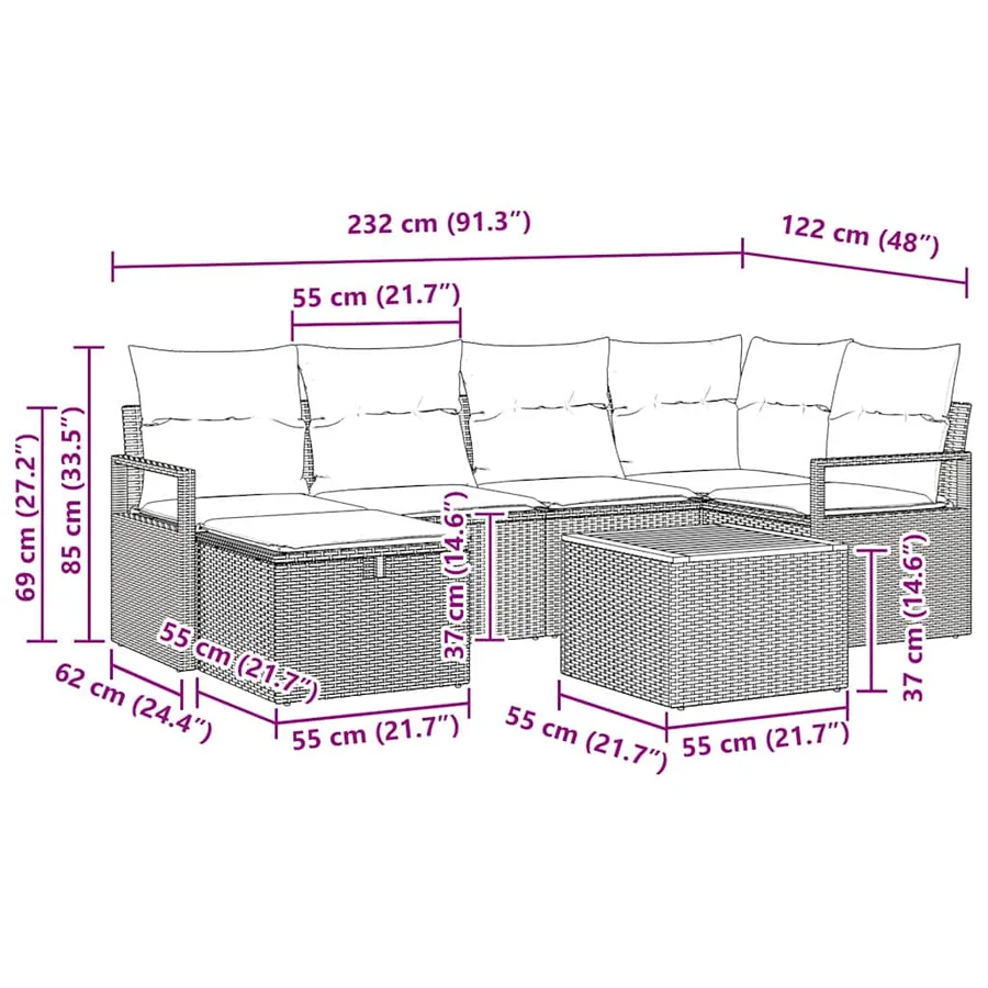 Ensemble de canapé de jardin avec coussin 7 pcs Gris Poly rotin - 15