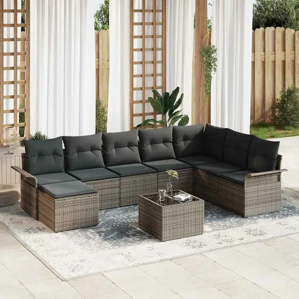 Ensemble de canapé de jardin avec coussin 9 pcs Noir Poly rotin