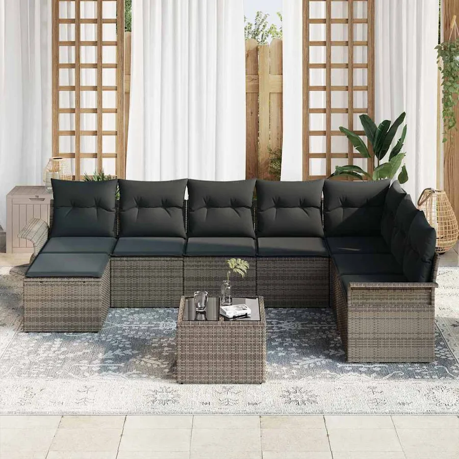 Ensemble de canapé de jardin avec coussin 9 pcs Noir Poly rotin - 3
