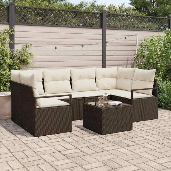 Ensemble de canapé de jardin avec coussin 7 pcs Marron et Crème