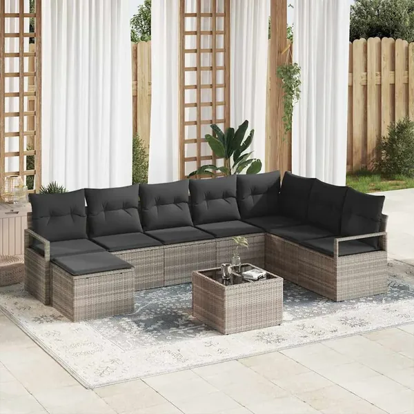 Ensemble de Canapés avec coussin 9 pcs Gris clair polyrotin